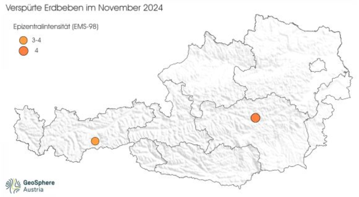 Österreichkarte mit Erdbebenlokalitäten (mittels gefärbter Kreise mit unterschiedlichen Durchmessern)