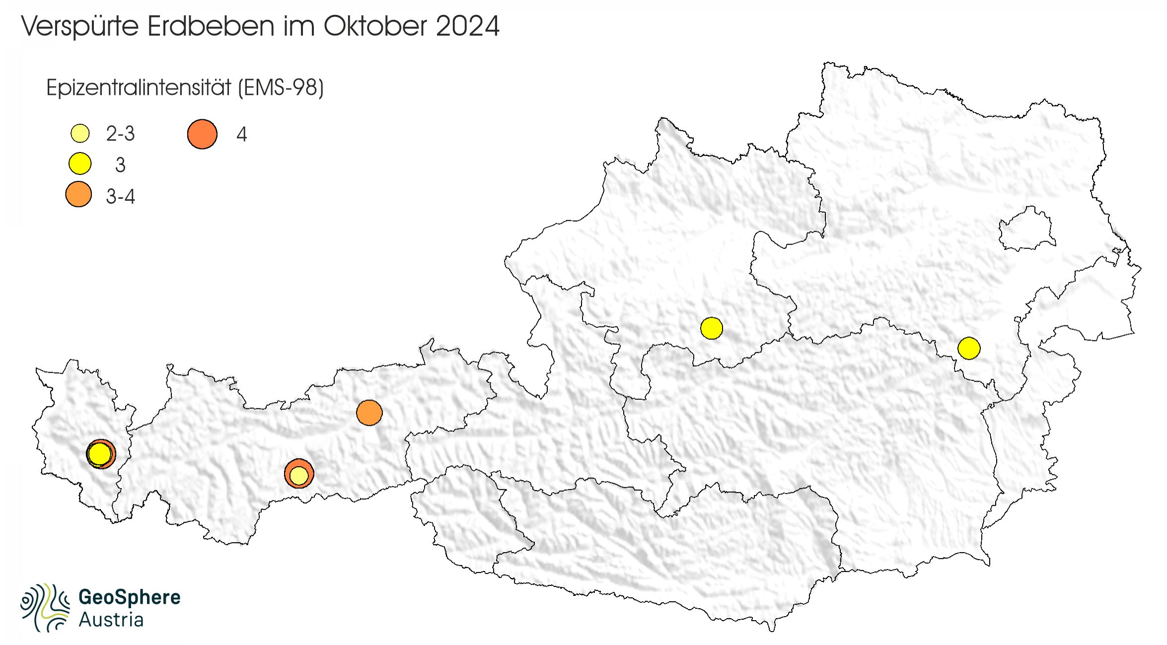 Map of Austria with earthquake locations (using coloured circles with different diameters)