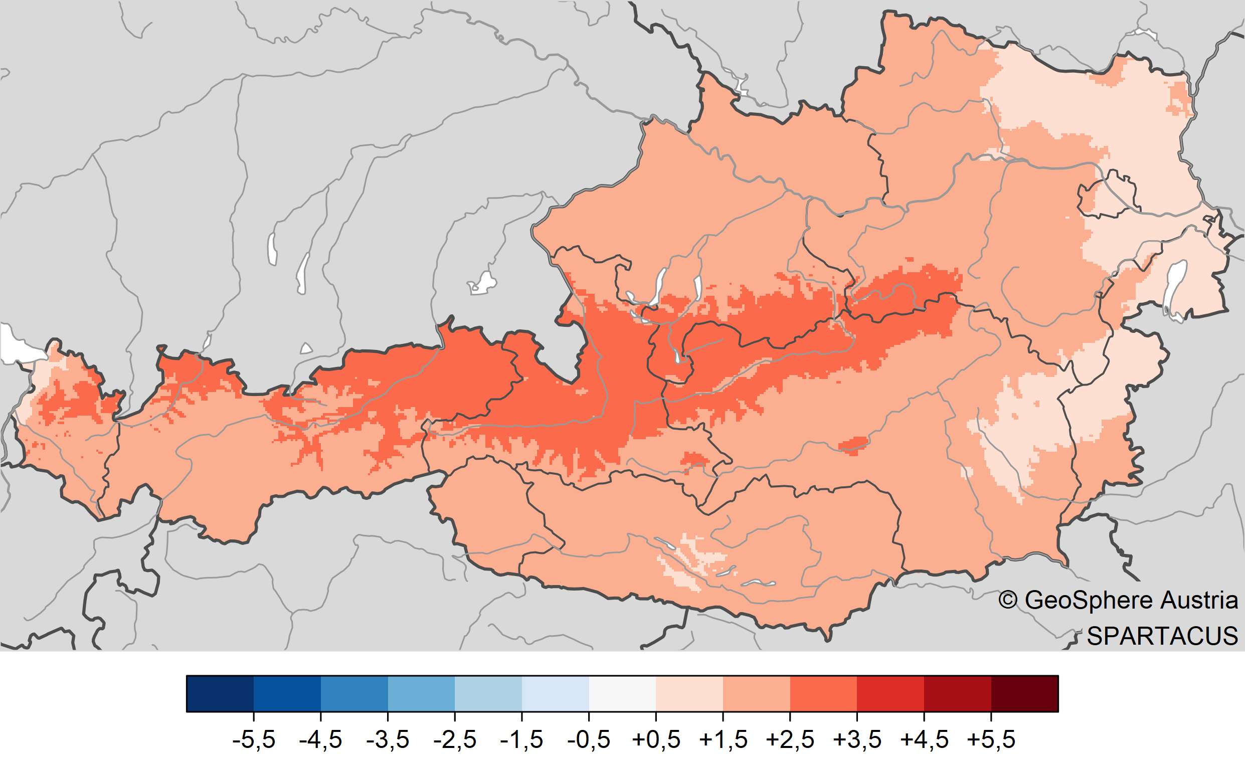 Map of Austriashowing the temperature deviation of October 2024 from the 1991-2020 average in various shades of red.