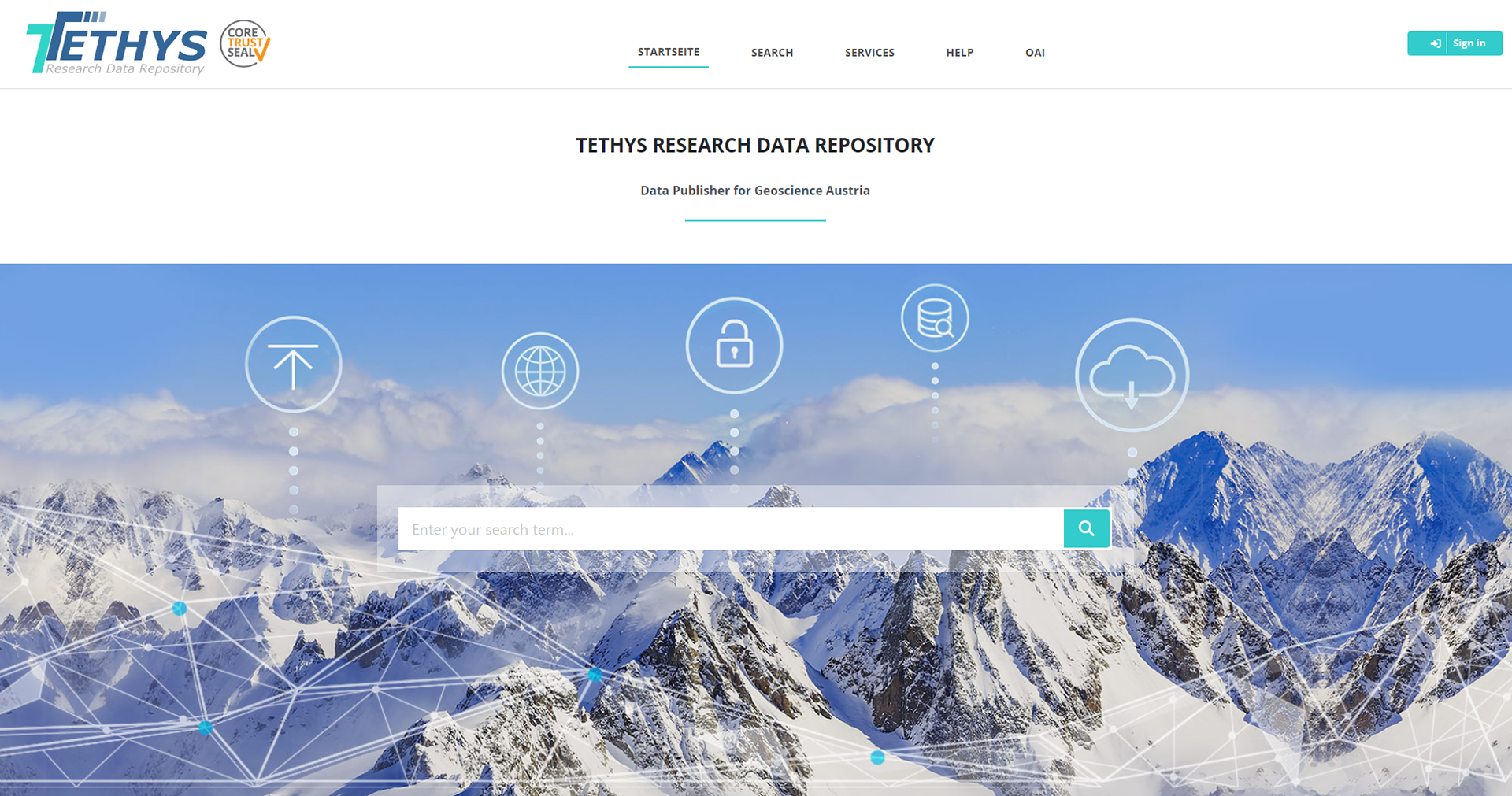 Screenshot of the Tethys RDR homepage. In the background a snow-covered mountain range, above it a network of triangles with symbols and a search bar.